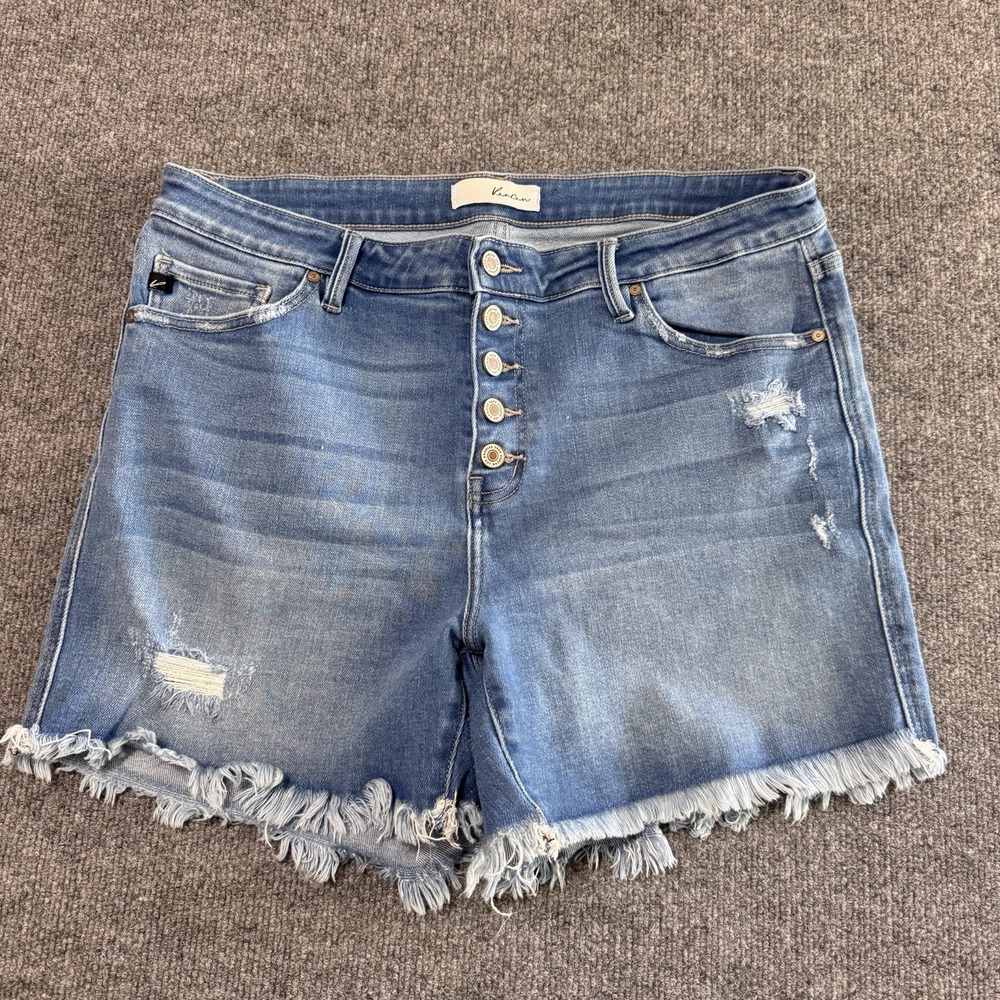 KanCan Denim Shorts Sz 2XL Blue Button Fly Raw Hem Distressed High Rise Stretch - Picture 1 of 5